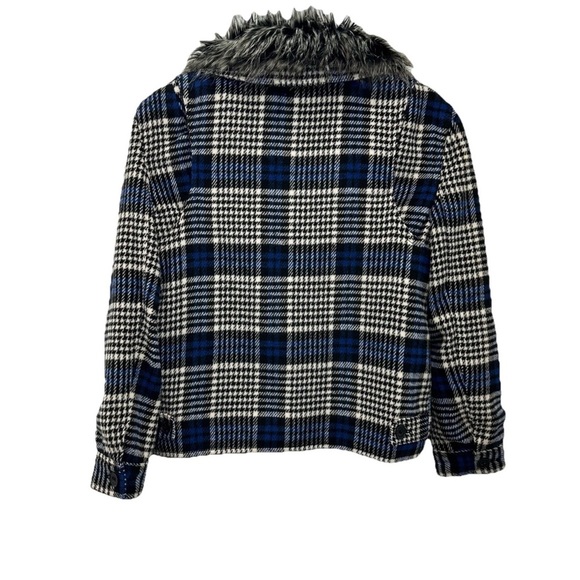 GUESS Girls Blue Plaid Jacket with Faux Fur Collar L-14 - Picture 2 of 9